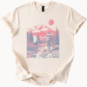 Surreal Adventure Hiker Graphic Tee Neon Mountain Night Sky